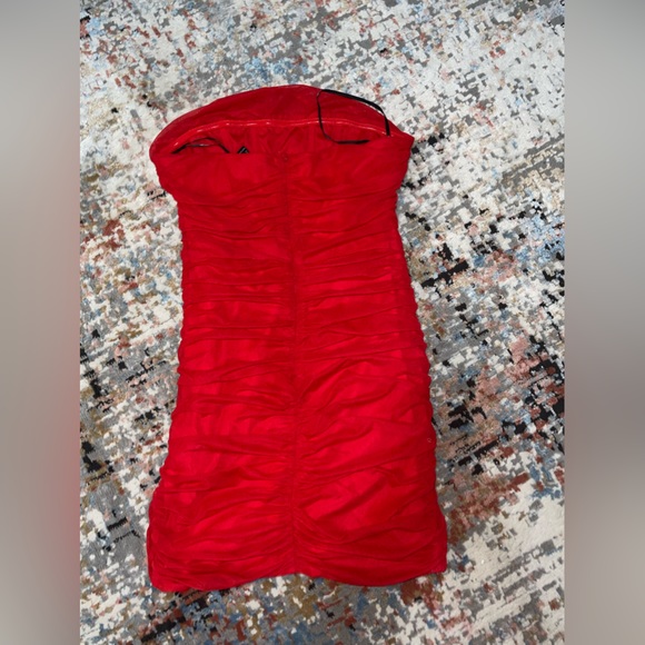 Strapless Red Corset Mesh Ruched Mini Dress - Picture 2 of 6